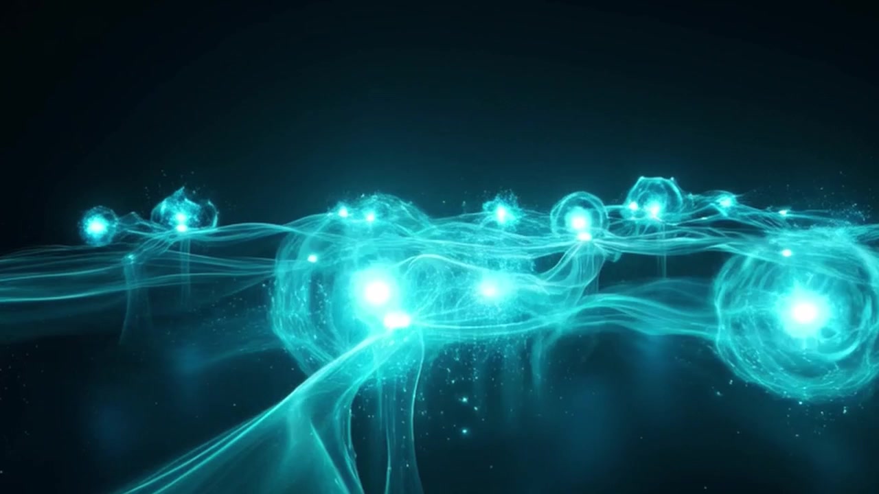 Abstract Glowing Blue Energy Waves and Particles Flowing in Dark Space