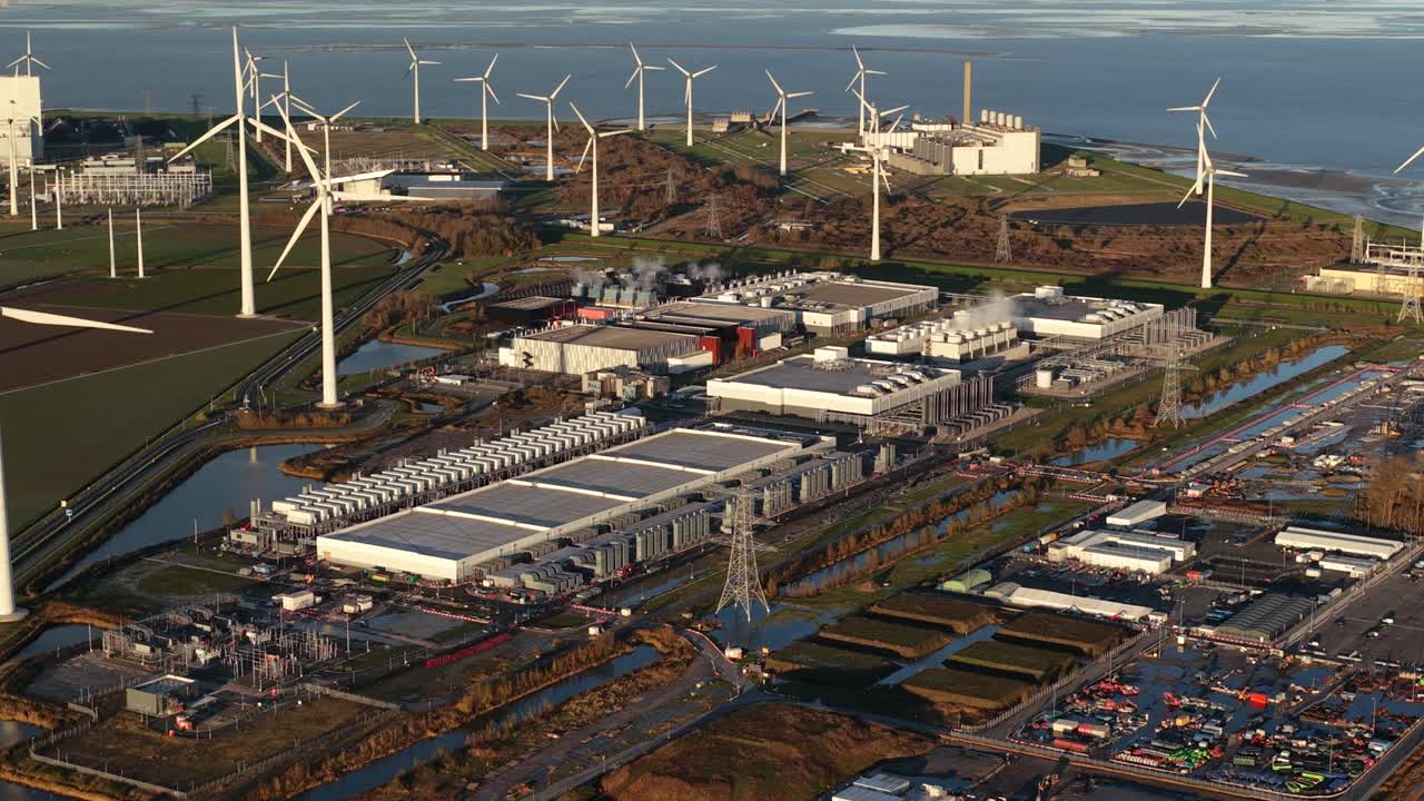 Aerial footage of the Eemshaven data center, using water treatment plant and cooling towers that use surface water. This showcases sustainability and responsible resource management