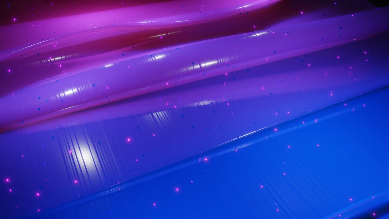 Abstract 3D surface with beautiful waves, luminous sparkles and bright color gradient blue purple. Waves run on very shiny, glossy surface with glow glitter. 4k looped animation