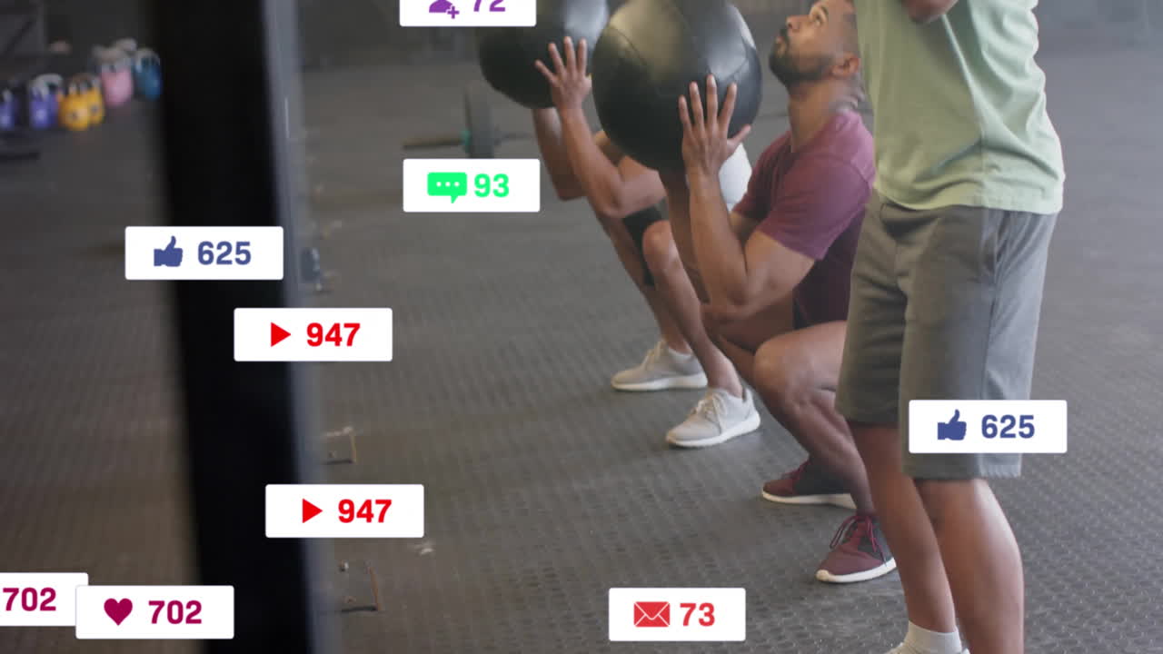 체육관에서 운동하는 다양한 사람들의 미디어 아이콘의 애니메이션