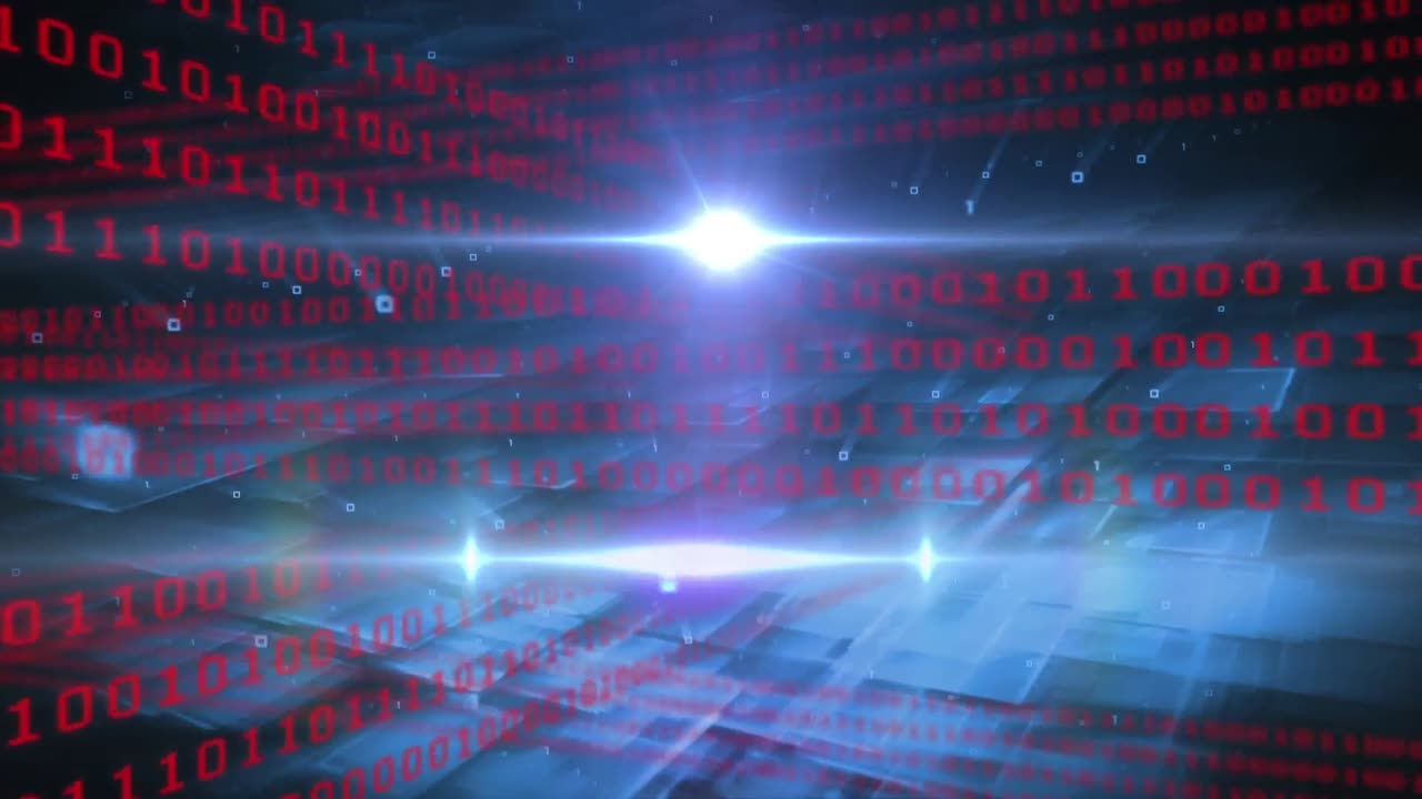 Animation of data processing over light trails on black background