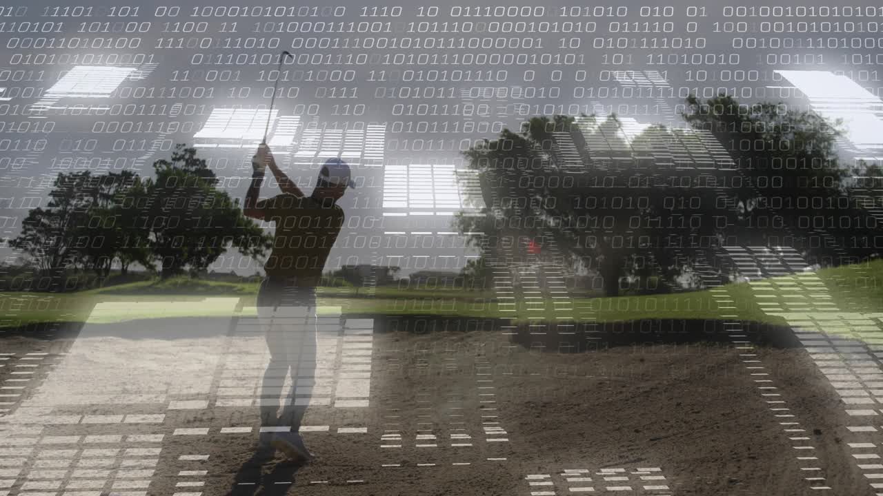 Golfer entering golf bunker aligning club swinging wedge spraying sand watching flight toward flag