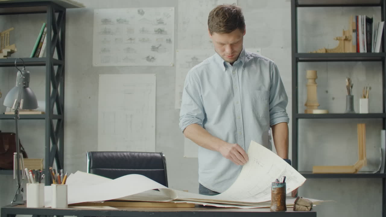 Hipster engineer works with blueprint. Shoot from above. Young architectural engineer working in office. Bearded man makes sketches. Loft style minimalistic interior drawings on the table