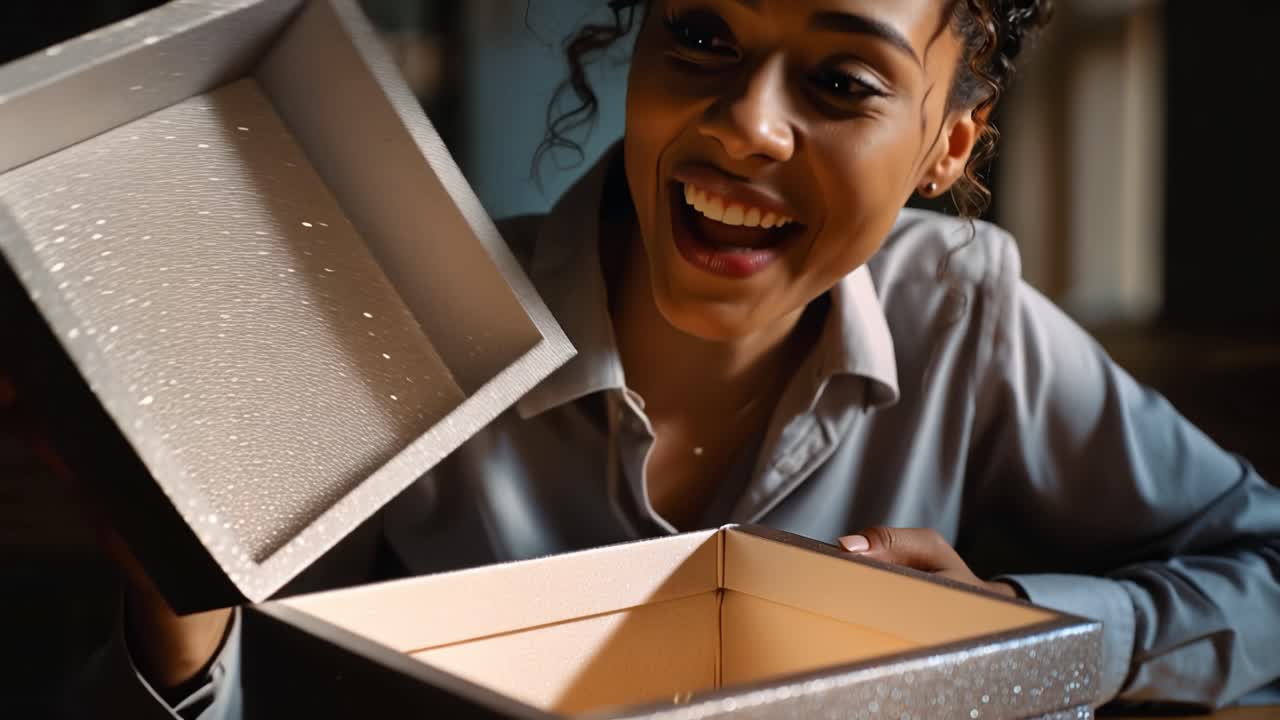 Happy Woman Unties Ribbon and Opens a Sparkly Gift Box