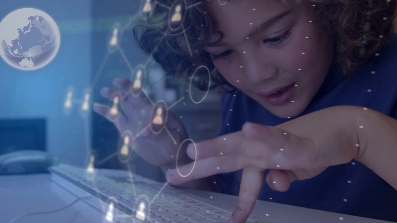 Child typing on white keyboard, activating tech network and avatars for selecting icons