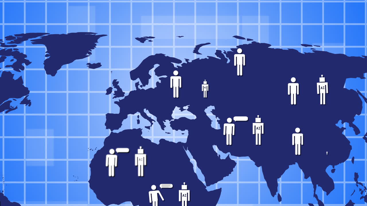 파란색 배경의 세계 지도에서 대화하는 ai  아이콘의 애니메이션