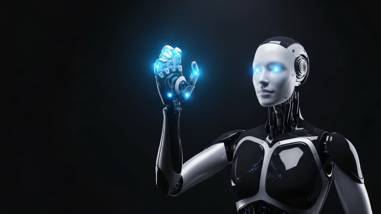 A Futuristic Robot with Glowing Blue Features Performs a Technical Gesture, Showcasing Advanced Technology and Human-Like Expressions in a Dark, Minimalist Environment
