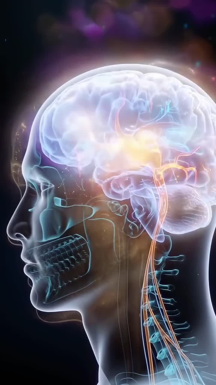 Vista laterale di un cervello e sistema nervoso luminosi, che evidenzia le vie neurali in un video