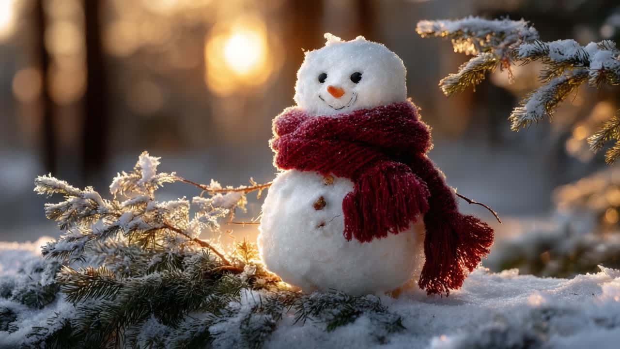Charming Snowman Surrounded by a Winter Wonderland: The Perfect Seasonal Icon Adorned with a Cozy Red Scarf Amidst Snowy Pines and Glowing Sunlight