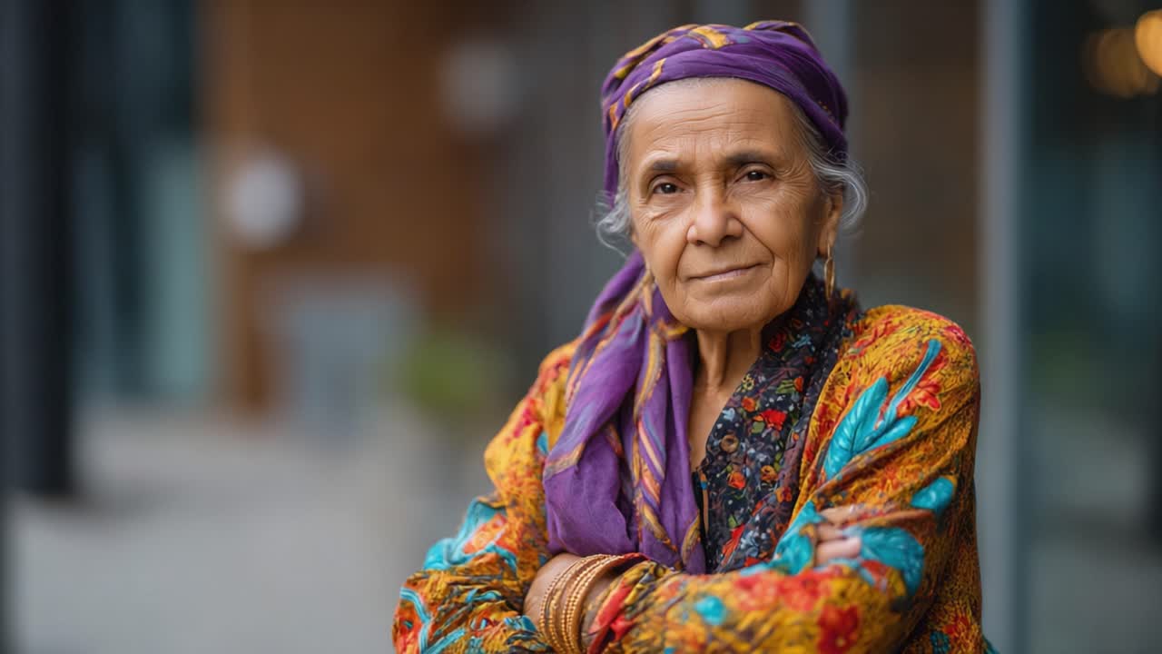 An elderly woman in vibrant attire poses confidently, radiating wisdom and strength, against a blurred urban backdrop, showcasing her unique style and grace
