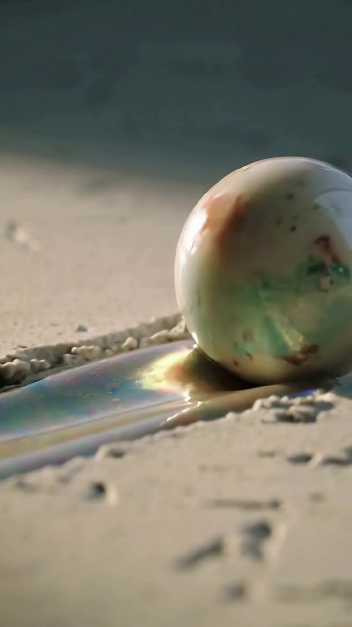Vertical video: Rolling glossy sphere right on pale slab from puddle edge, leaving iridescent trail