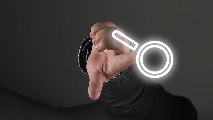 Search icon logo hologram appears at person finger, close up view