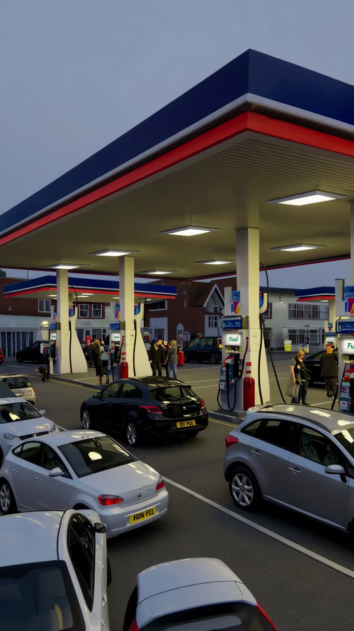 Cars refueling at a gas station during dusk