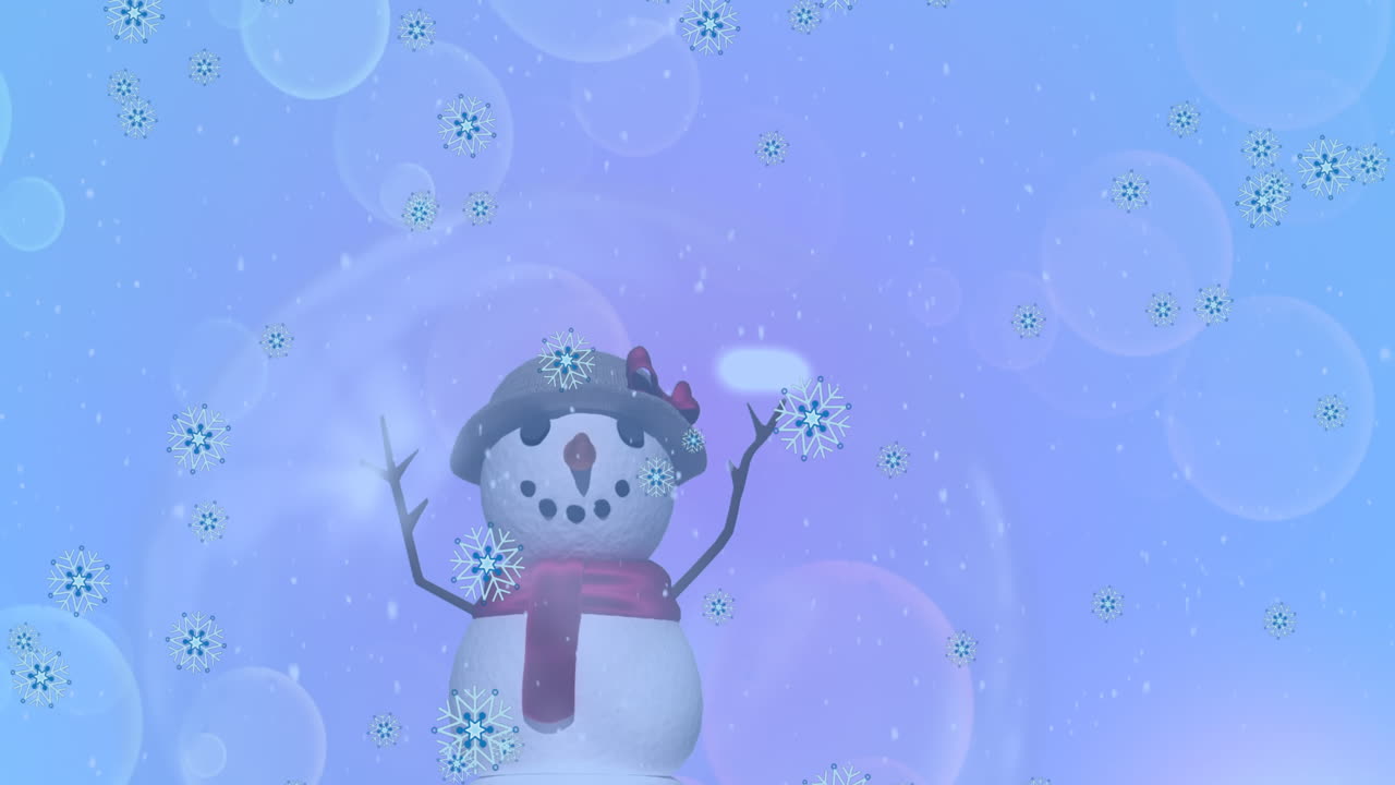 파란색 배경에 빛의 반점에 대항하여 스노우우맨 아이콘 위에 떨어지는 스노우플레이크 아이콘의 애니메이션