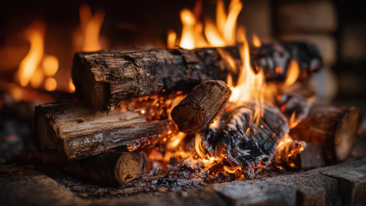A flickering fire dances over textured logs, illuminating the cozy ambiance of the hearth as embers glow, creating a warm and inviting atmosphere of soothing warmth