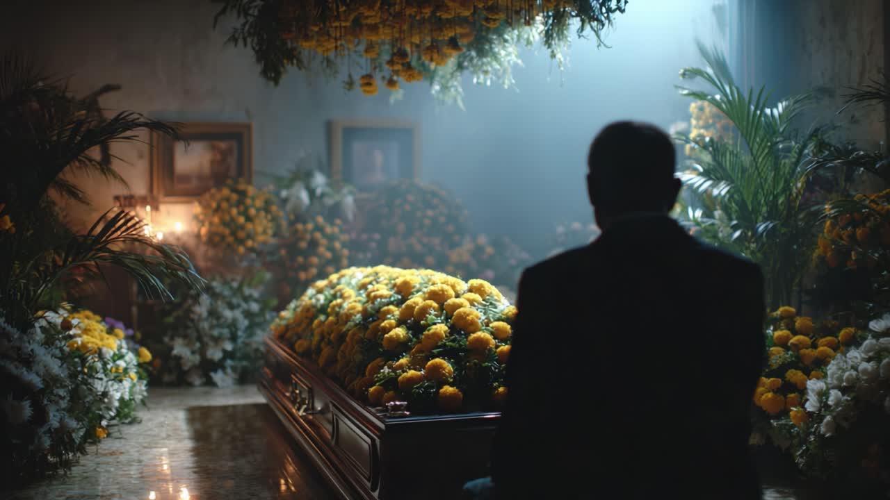 A Solemn Reflection Amidst Vibrant Flowers: A Scene of Mourning and Remembrance in a Serene Floral Arrangement Surrounding a Casket