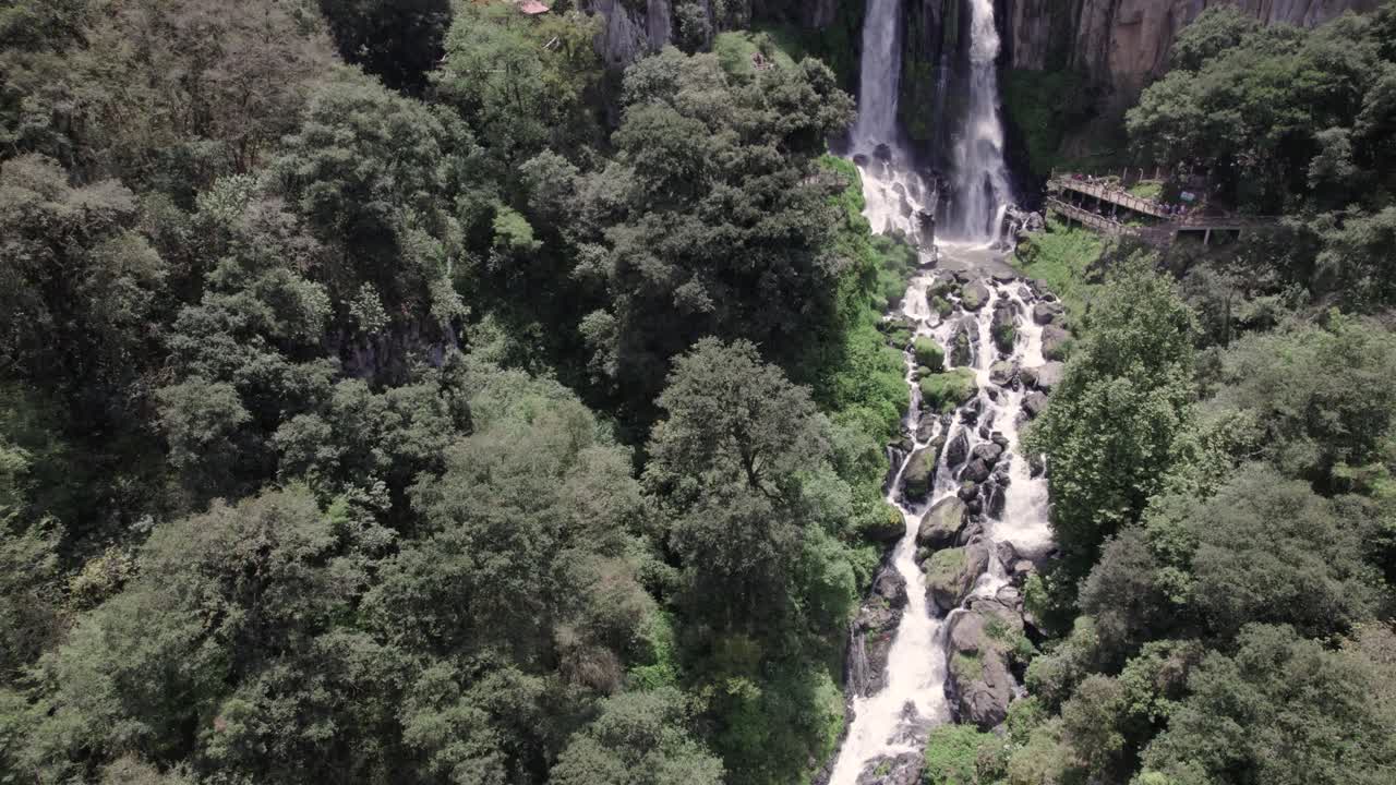 Cinematographic Aerial wide shot of a Waterfall and River in the Mountains: Drone View of Nature's Splendor in Mexico