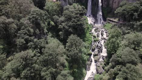 cinematographic aerial wide shot of a waterfall and river in the mountains: drone view of nature's splendor in mexico