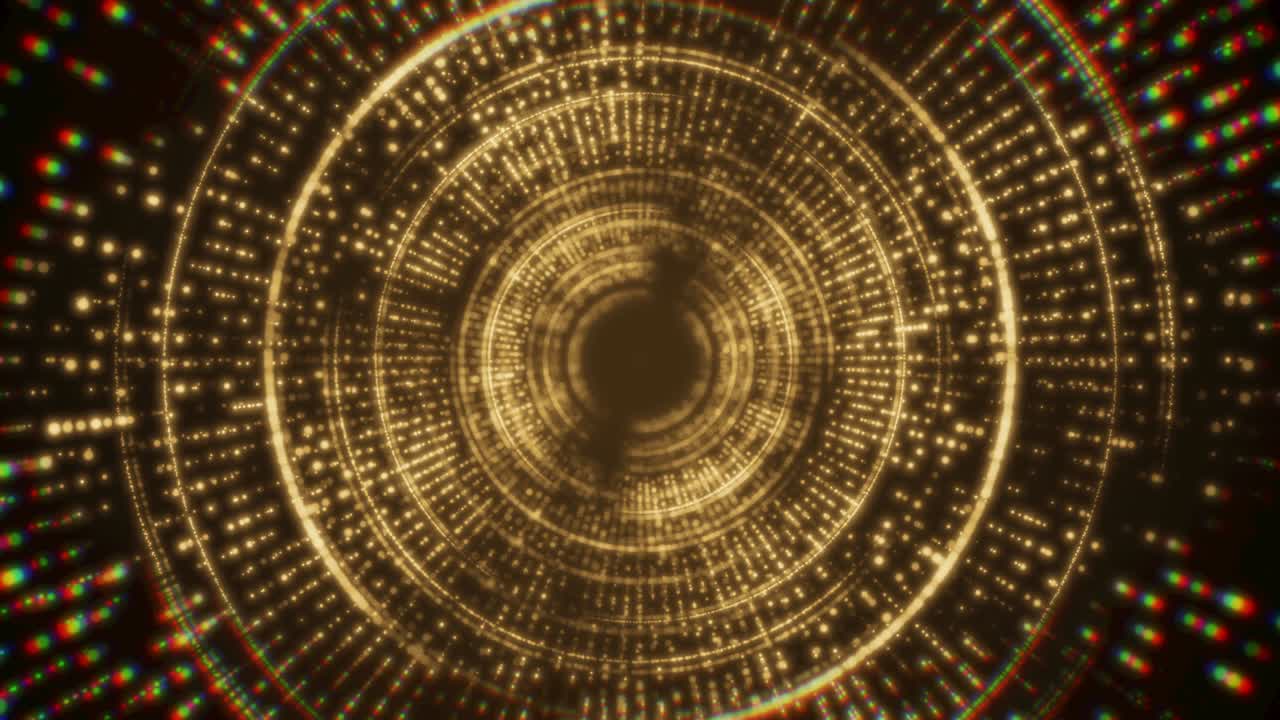 원과 함께 추상적인 금색 배경 반이는 입자가 날아