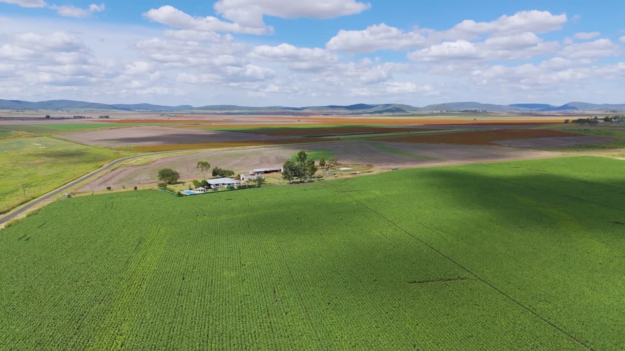 Frodig grønne jorder med hus i det fjerne og himmel