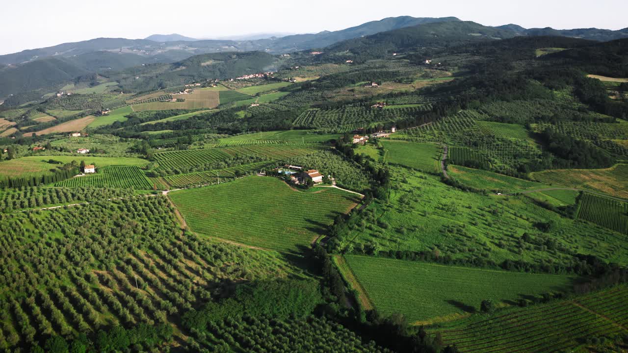 Typical Tuscany Aerial Landscape Of Hills, Vineyards In Italy