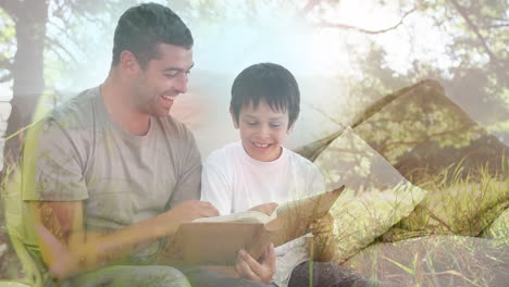 animation of trees over biracial man and his son reading books