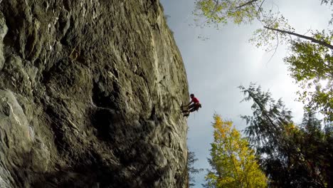 Rock-climber-descending-down-the-cliff-in-forest-4k