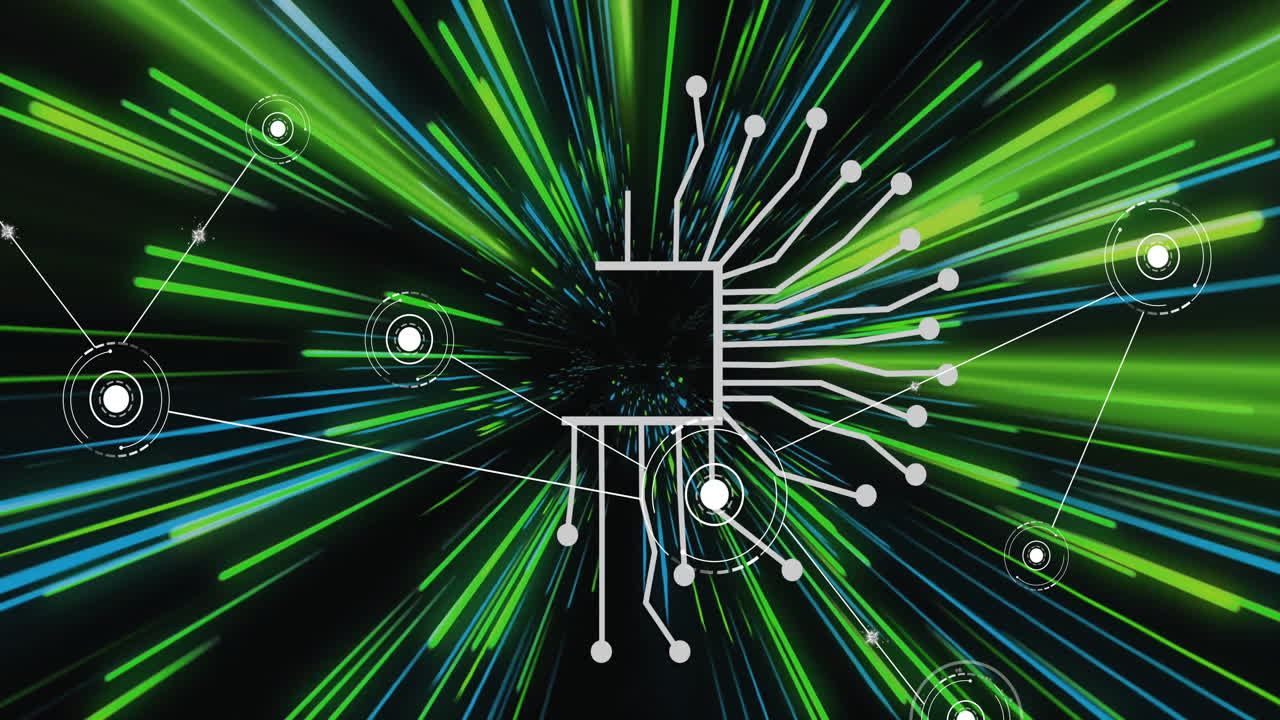 Animation of network of connections with icons over colourful lines and ai text