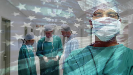 animation of flag of usa waving over surgeons in hospital