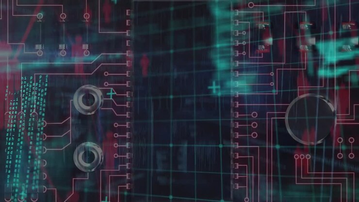 Animation of data processing over computer circuit board on black background