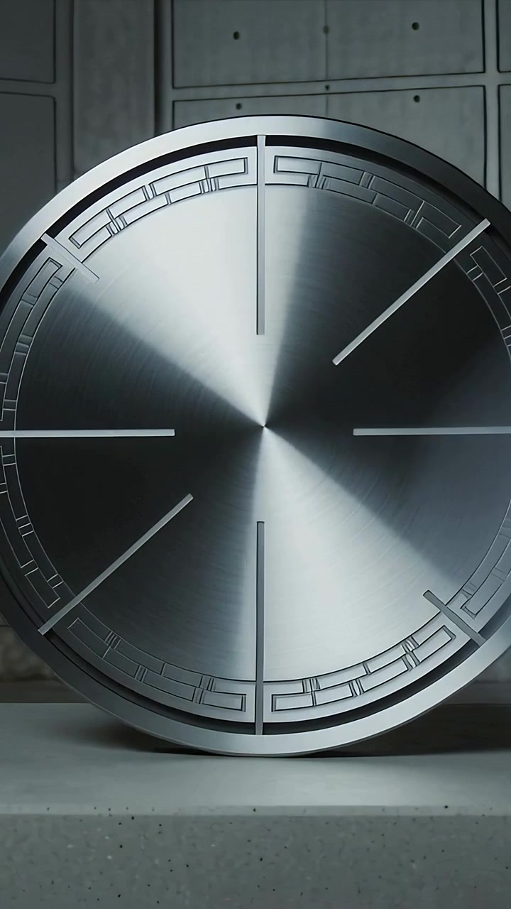 Vertical video: Rotating large circular disc showing etched rim on plinth in studio
