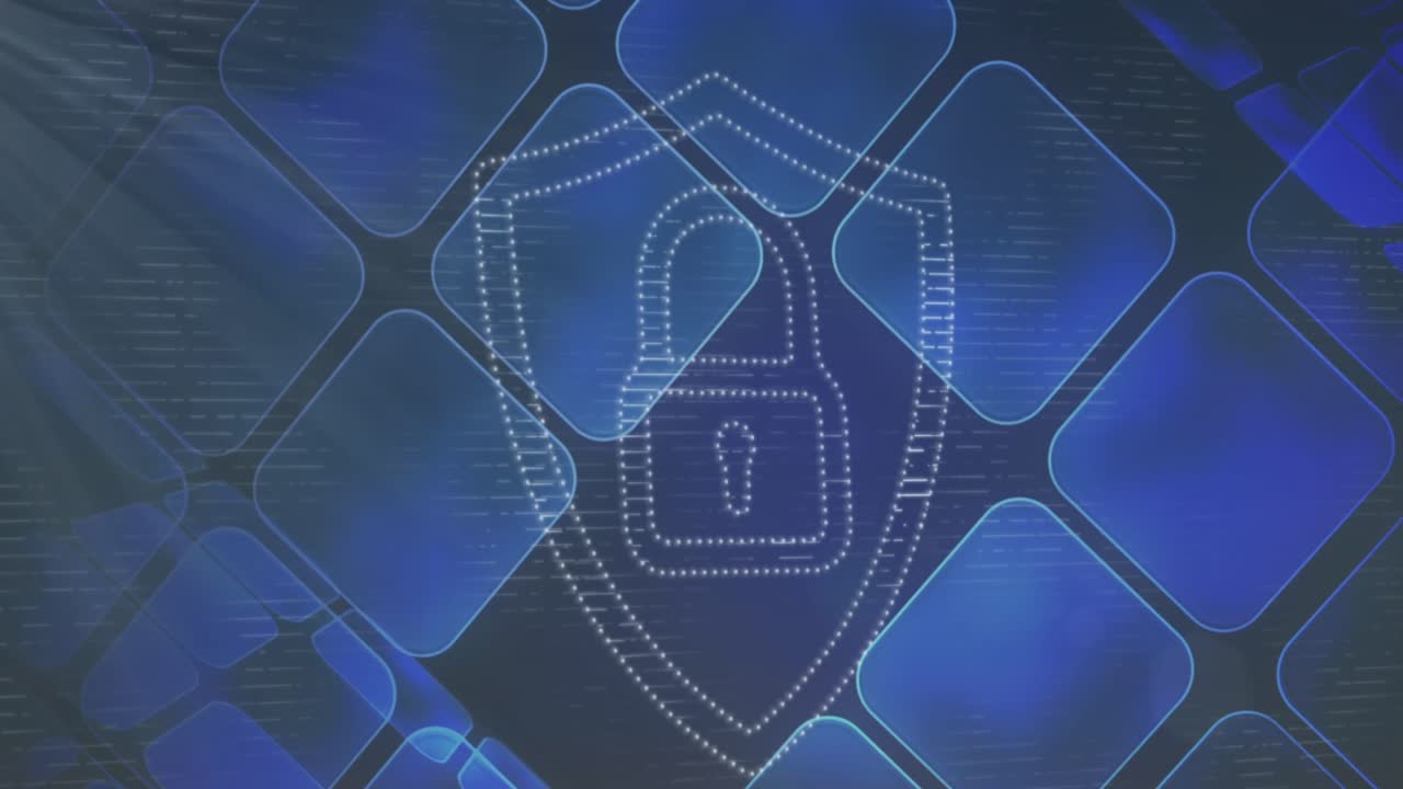 Animation of digital shield with padlock over squares and light