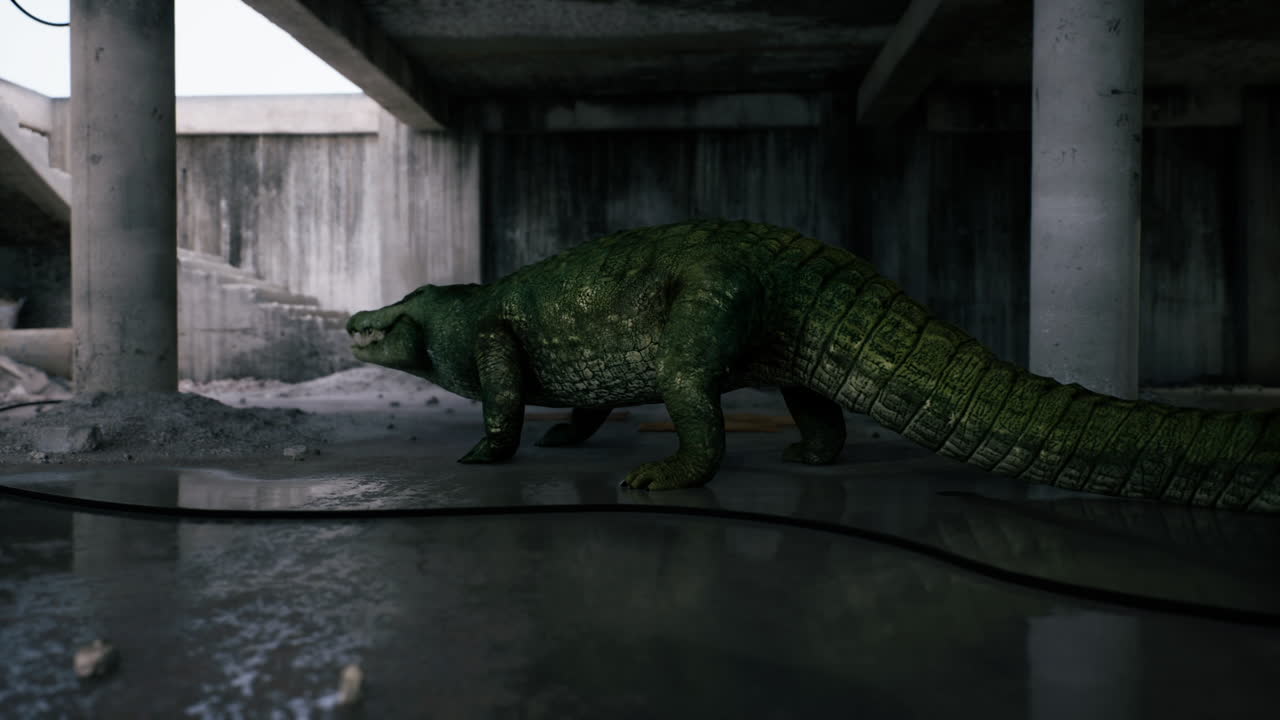 Crocodile exploring an abandoned structure near water at dusk