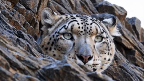snow leopard in rocky mountains