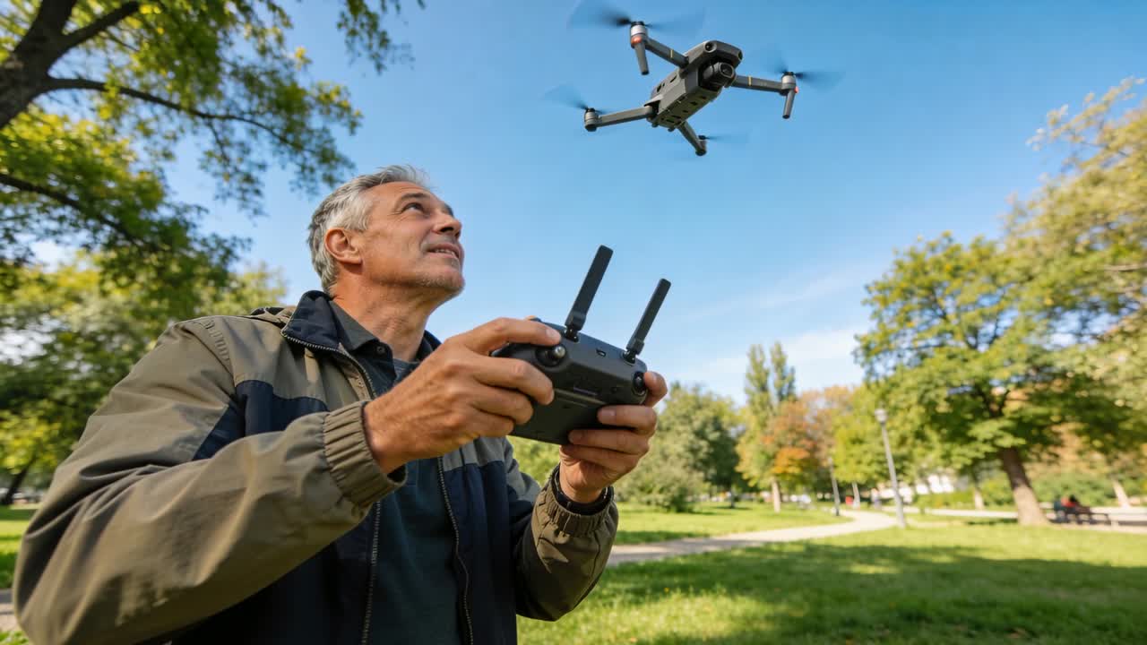 Un anziano con giacca con zip pilota un drone in bilico, tenendo il telecomando, mentre si esercita al parco.