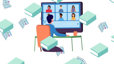 animación de los iconos de los artículos escolares que se mueven sobre un fondo blanco