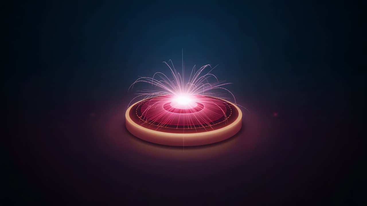 Central pink core appearing, pulsing emitter disk sending sparks outward, rim halo on studio floor
