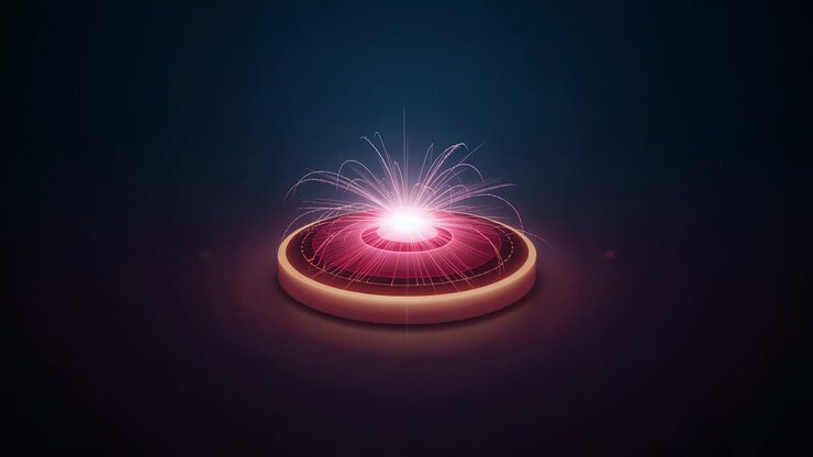 Nucleo rosa centrale visibile, disco emettitore pulsante che invia scintille verso l'esterno, alone sul bordo sul pavimento dello studio