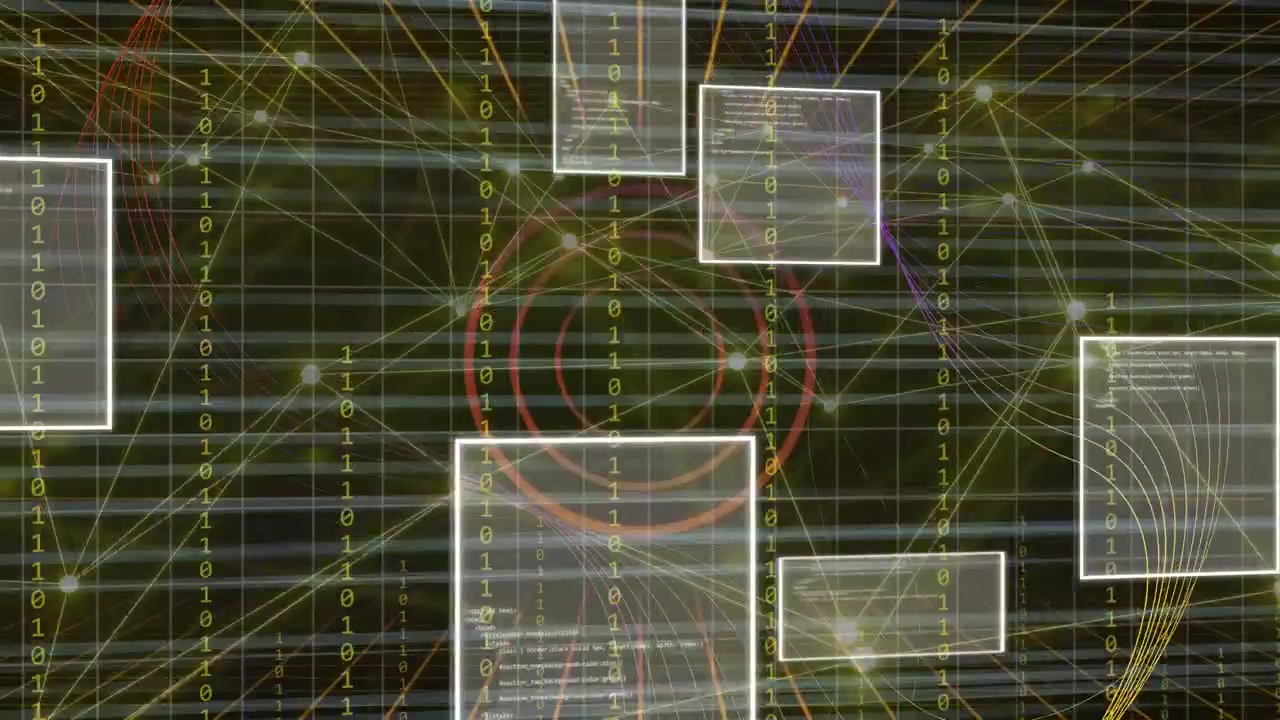 Panels emerging from right and top drifting inward, obscuring central rings, visualizing data flow