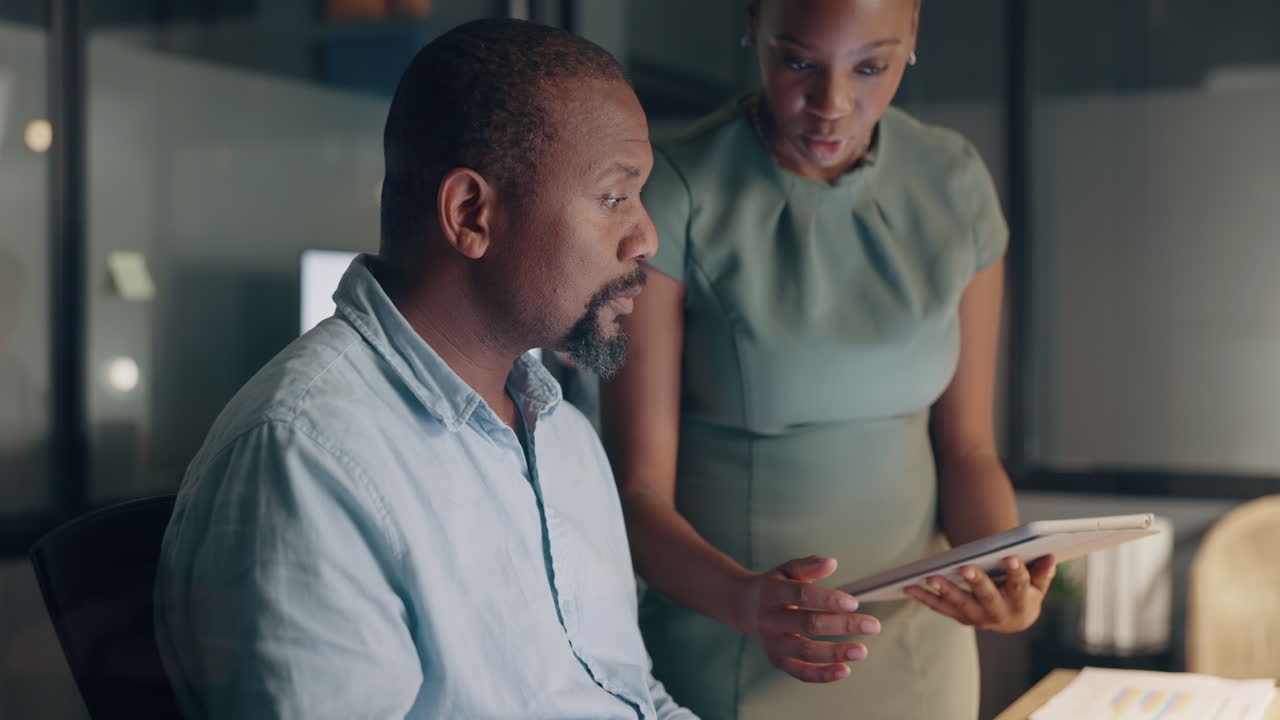Support, tablet and business people with african