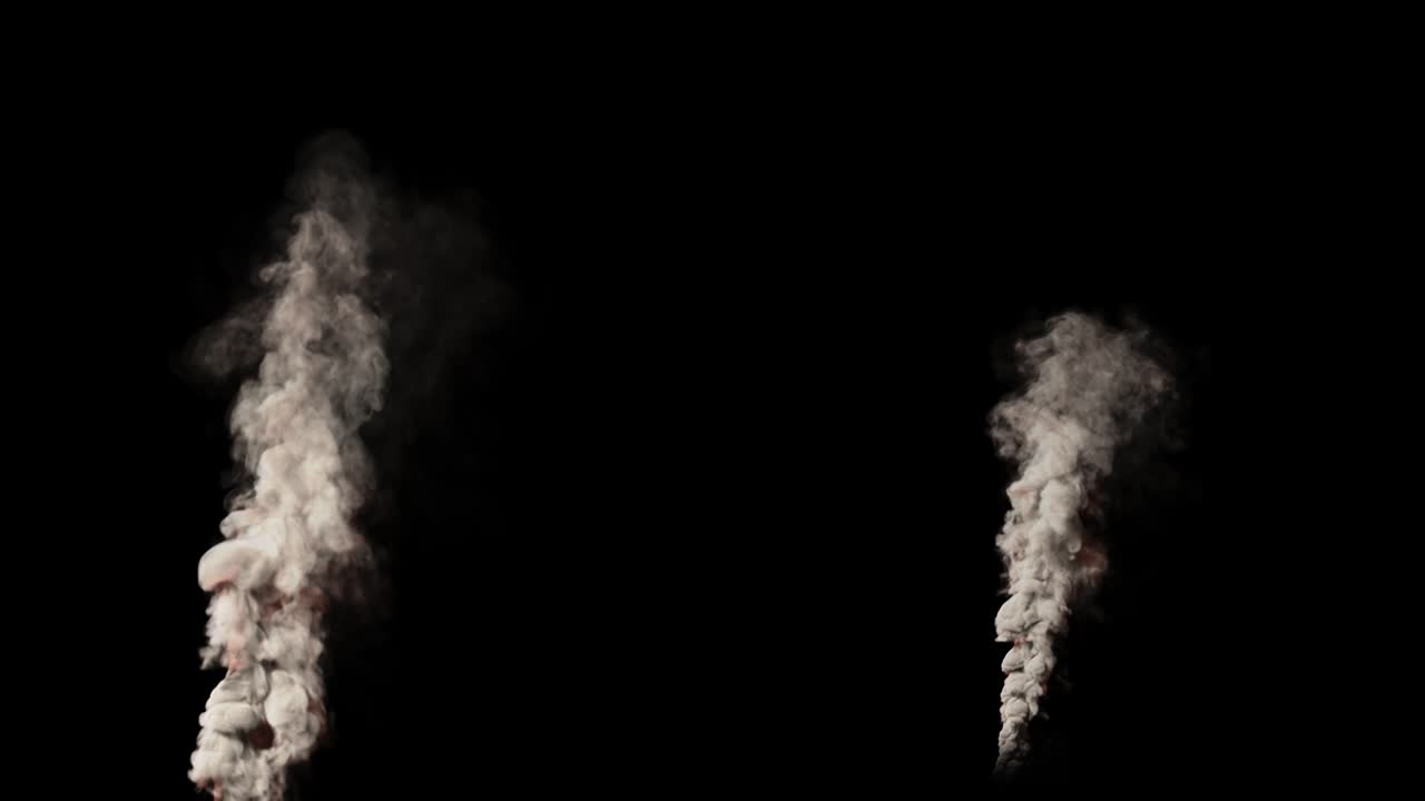 far and closeup smoke pillars isolated on black