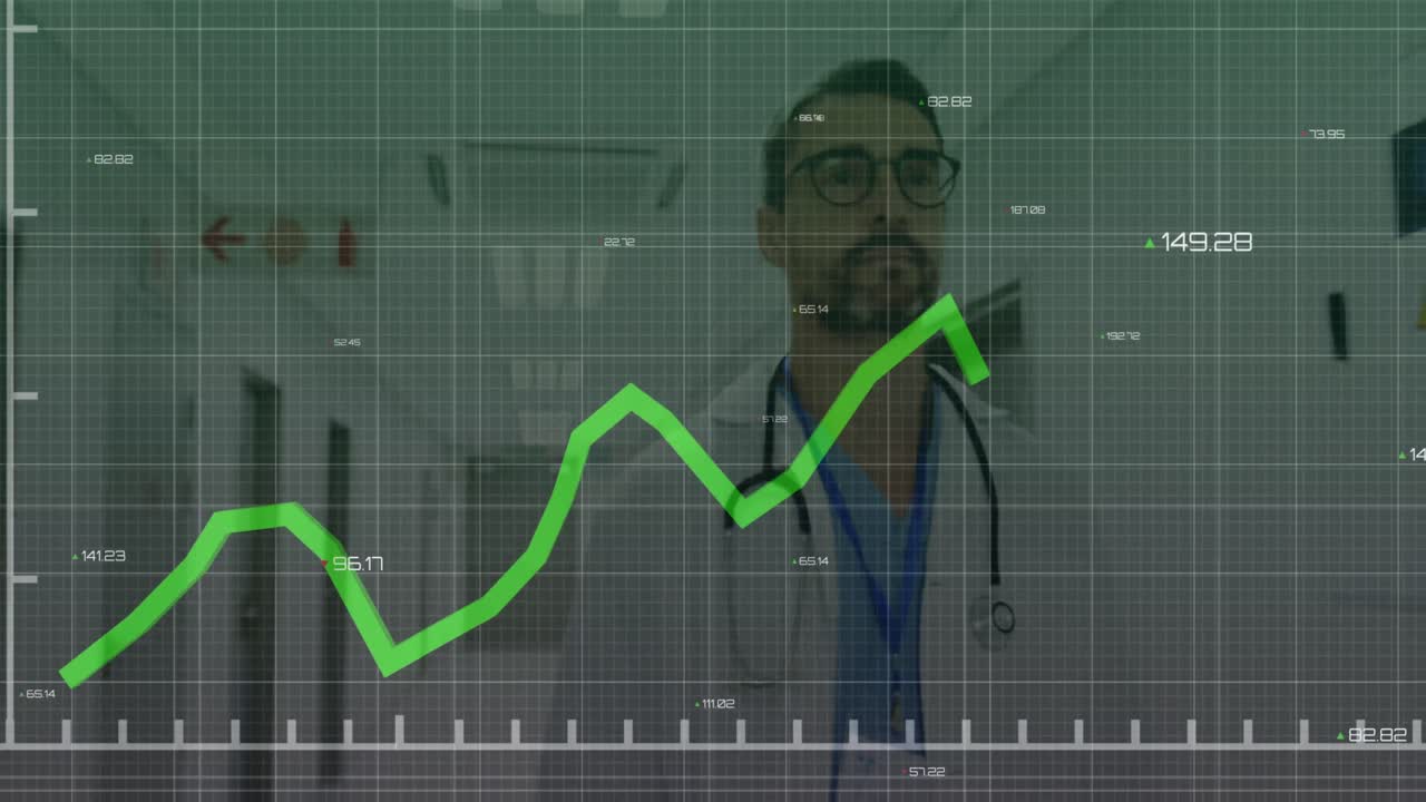 animación del procesamiento de datos financieros sobre dos médicos caucásicos