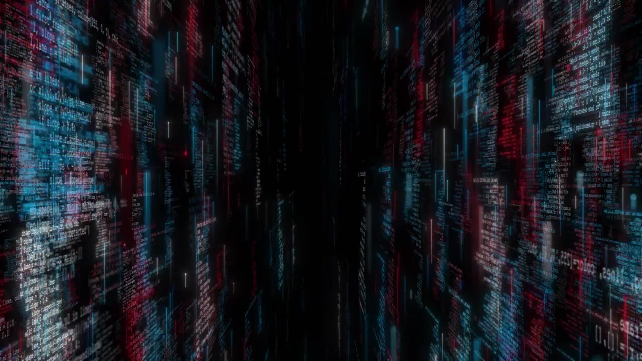 Dunkler Programmierkorridor-Visual mit roten und cyanfarbenen Code-Wänden, vertikal leuchtendem Text und einem tiefen Software-Tunnel.