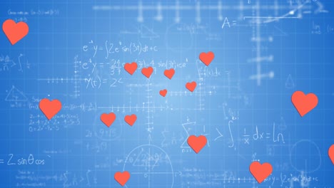 Animation-of-hearts-falling-over-mathematical-equations-on-blue-background