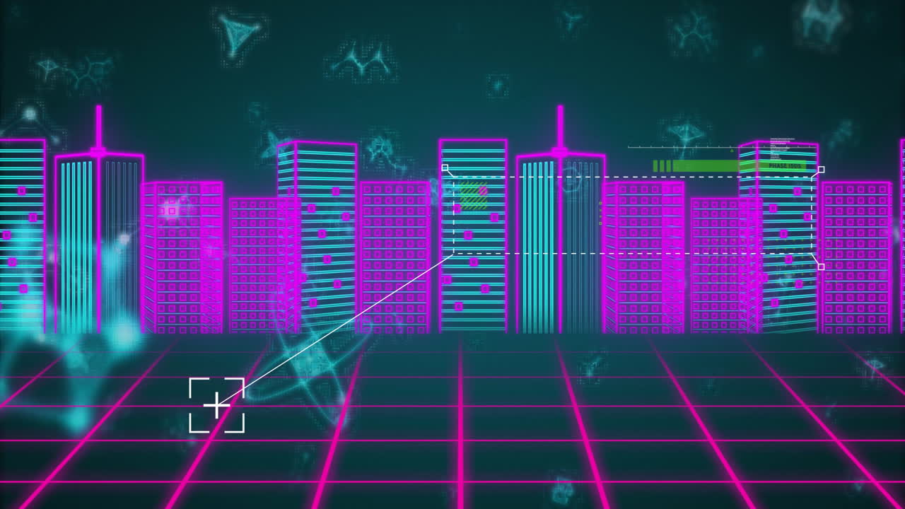Neon animation of city skyline with grid and digital data elements