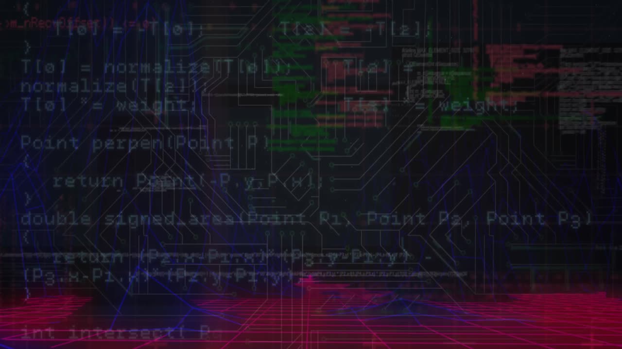 animación del lenguaje de programación sobre patrones de cuadrícula 3d contra la textura de la placa de circuitos.