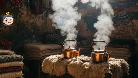 a cozy interior scene featuring two brass kettles steaming on a rustic table surrounded by textiles, evoking warmth and cultural charm