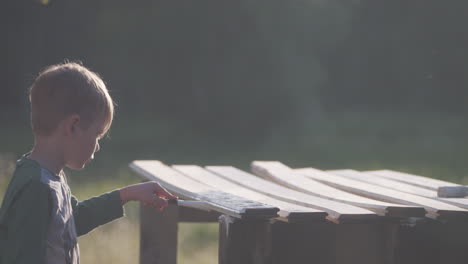 blonde young boy painting wooden boards outdoors in summer