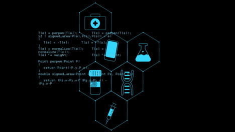 Animation of medical icons and data processing on black background