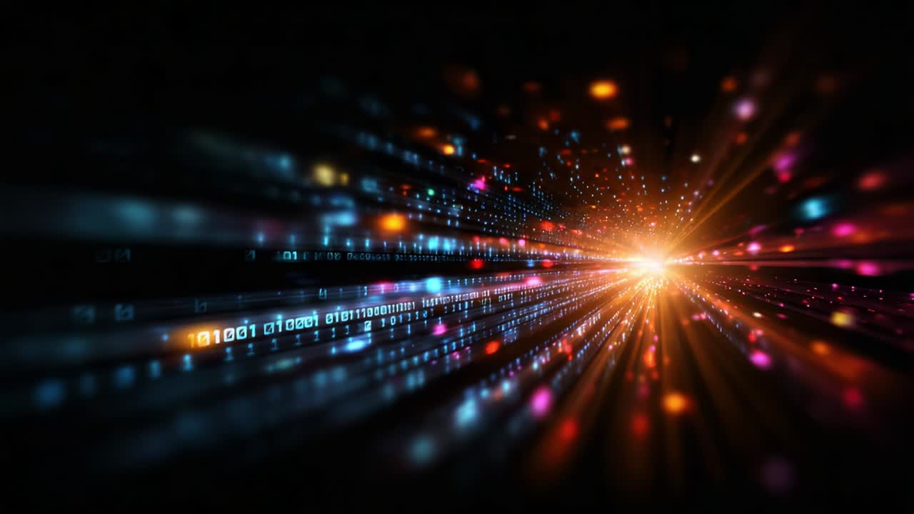 Explosive Burst of Digital Light: A Visual Journey through Vibrant Streams of Data and Colorful Particles Representing the Power of Information Technology in Motion